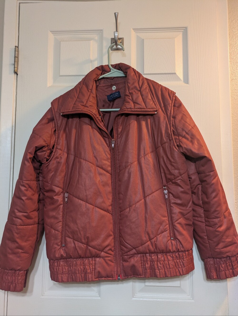wine-colored jacket that converts into a vest